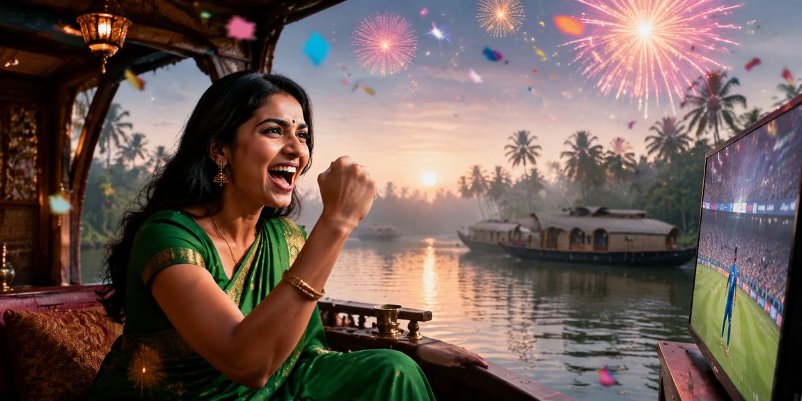 Mobile user enjoying lottery ticket purchase in Kerala backwaters