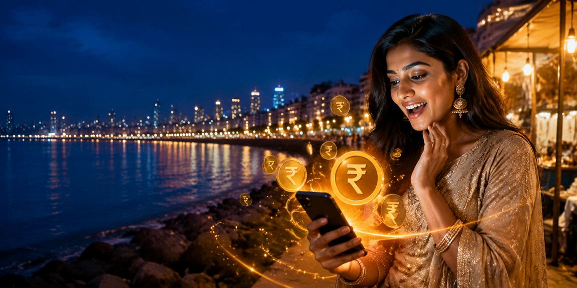 Mobile user making a deposit with Indian Rupee on Mumbai Marine Drive
